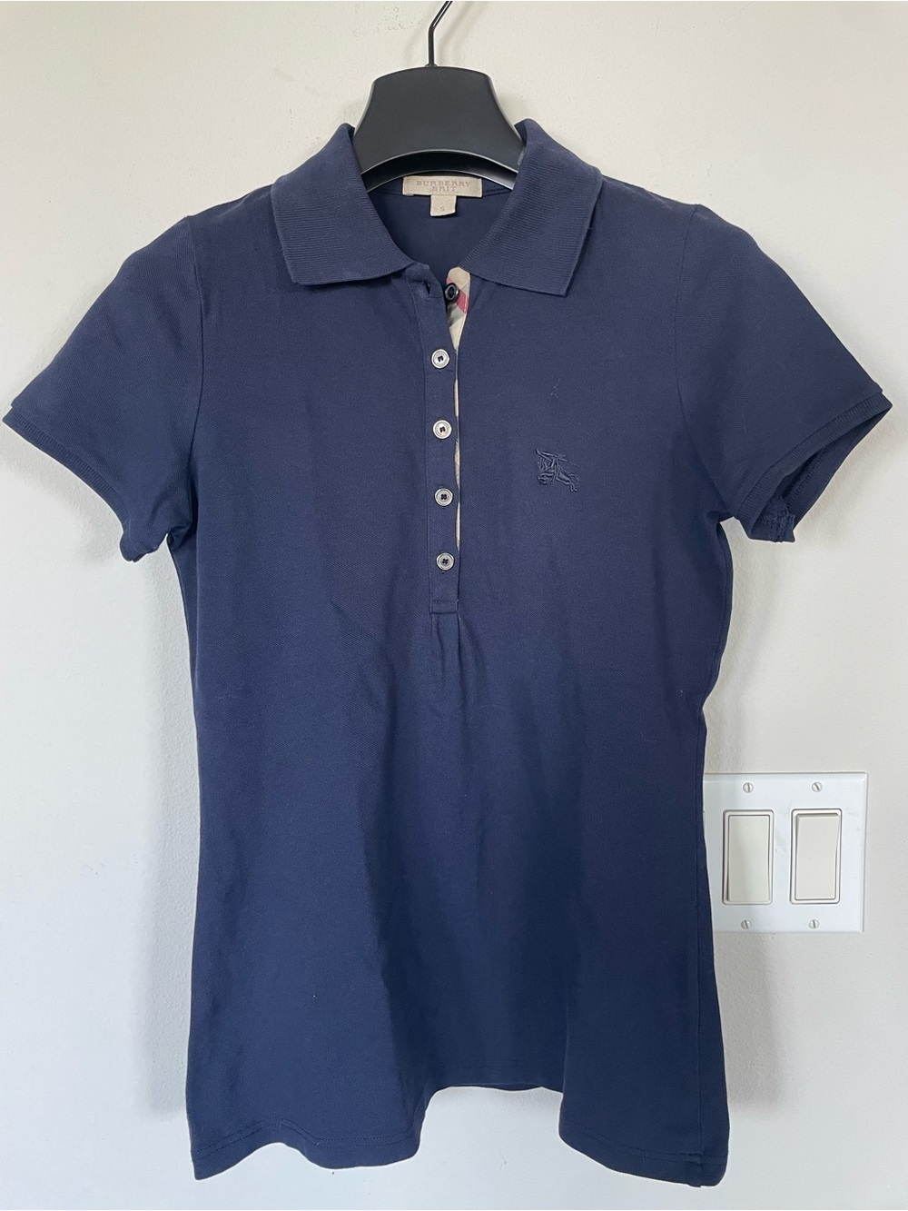 Y2K BURBERRY Women Navy Polo Shirt Size Small Short Sleeve